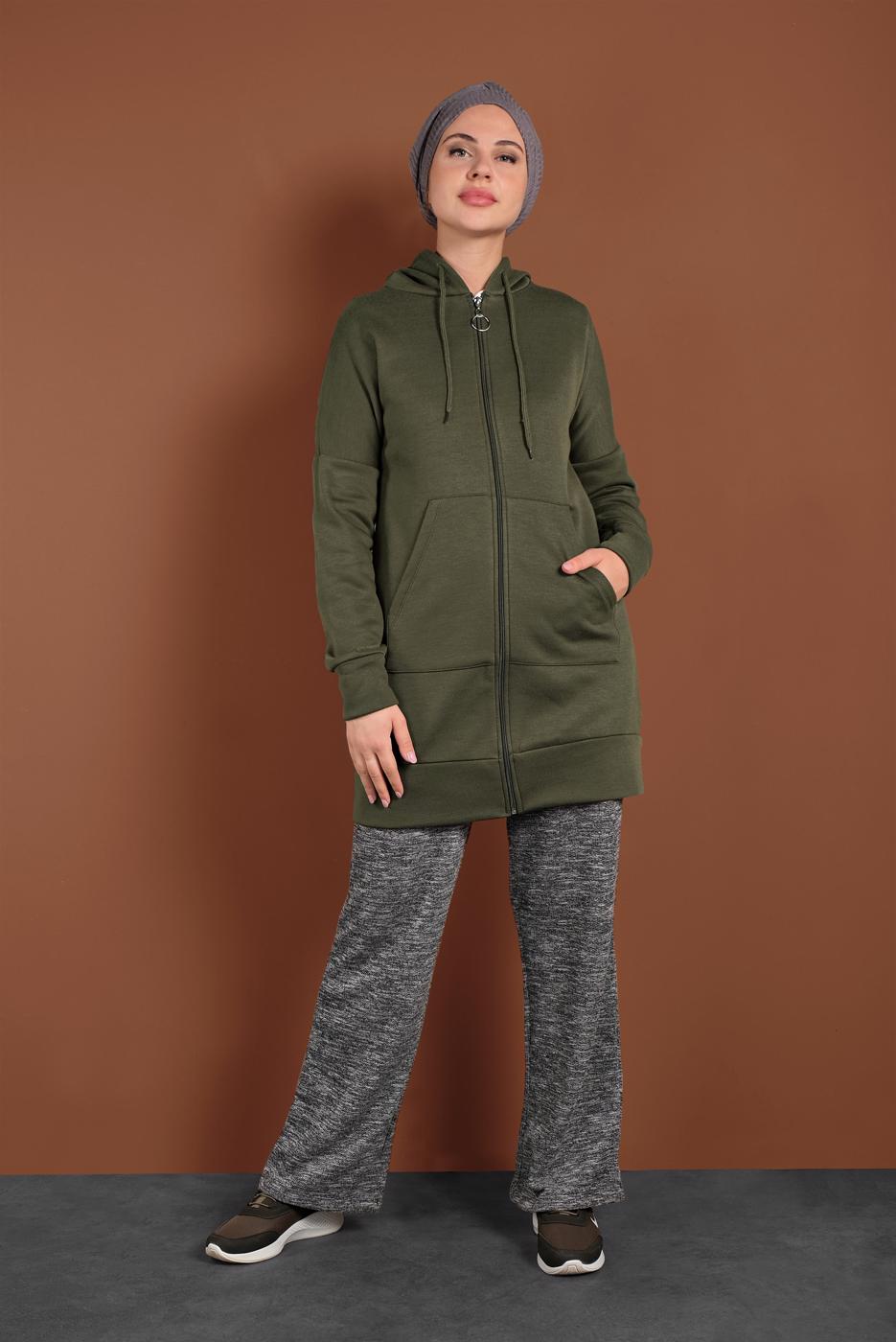 Vêtements hijab KAKI JAQUETTE SPORT ZIPPÉ À CAPUCHE 0801