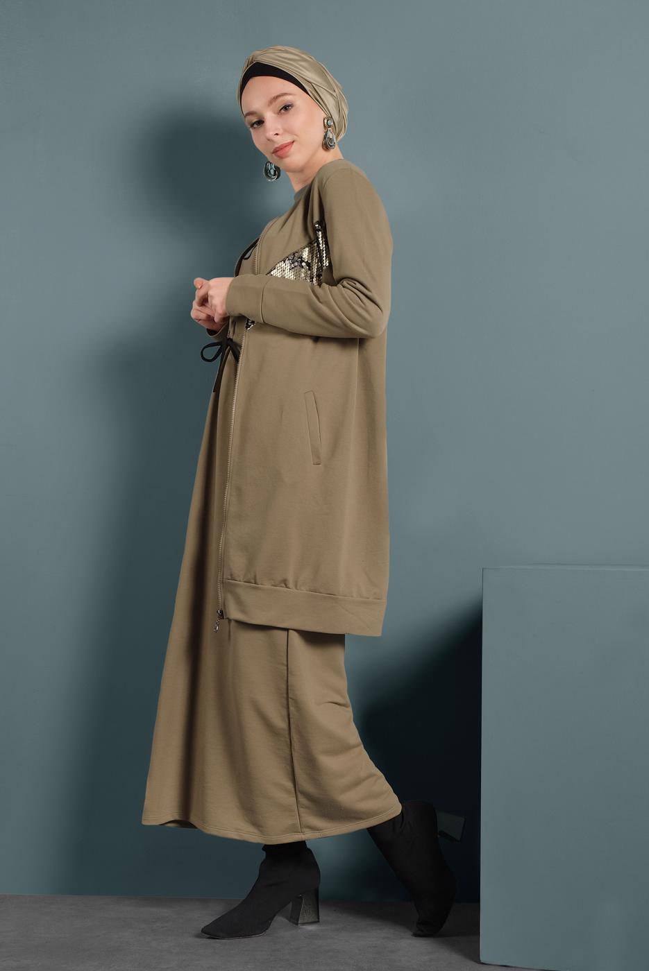 Tesettür giyim KAHVE PUL PAYET DETAYLI EŞOFMAN CEKET 947