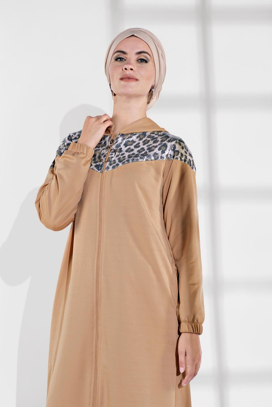 Tesettür giyim BEJ LEOPAR DESENLİ FERMUARLI EŞOFMAN CEKET 1255 