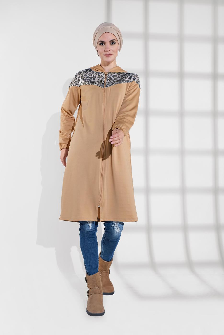 Tesettür giyim BEJ LEOPAR DESENLİ FERMUARLI EŞOFMAN CEKET 1255 
