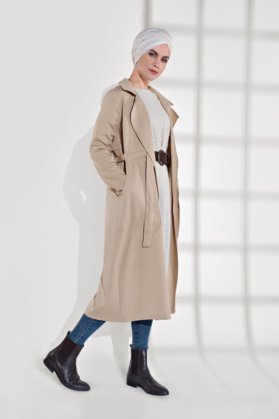 Hijab clothing BEIGE SMOCKED BELTED JACKET 3007 