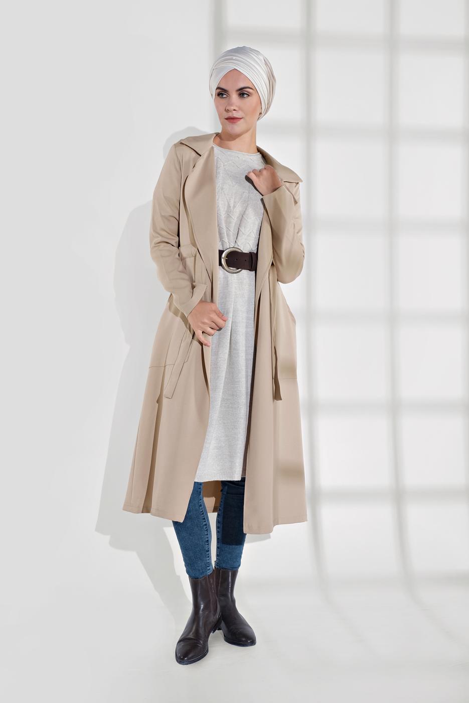 Vêtements hijab BEIGE VESTE À SMOCKS AVEC CEINTURE 3007 