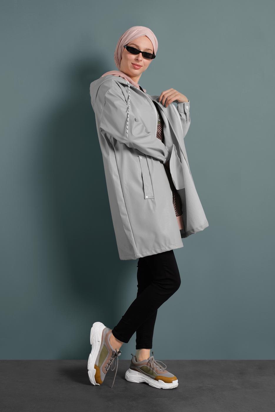 Hijab clothing ECRU HOODED LEATHER TRENCH-COAT 3220 