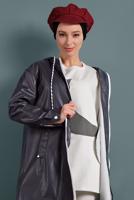 Hijab clothing GREY HOODED LEATHER TRENCH-COAT 3220 