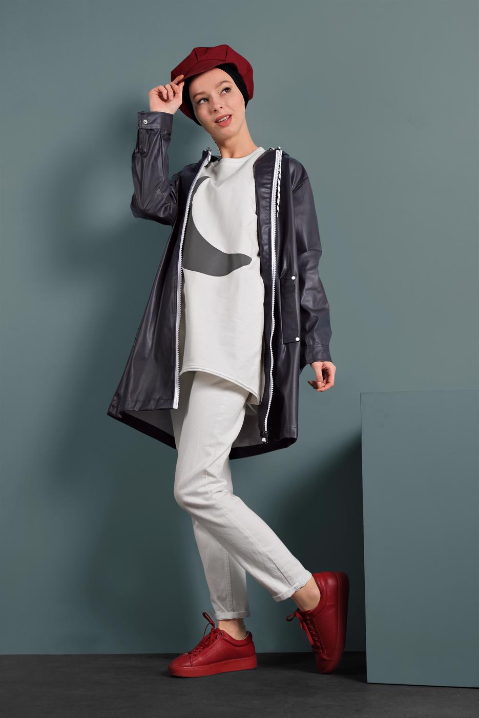 Hijab clothing GREY HOODED LEATHER TRENCH-COAT 3220 