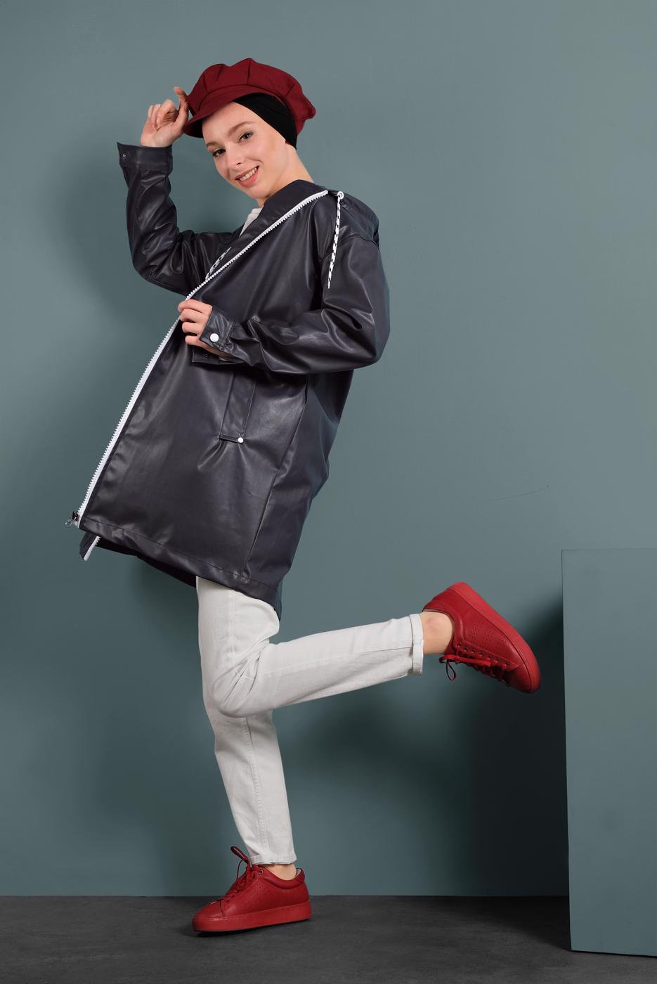 Hijab clothing GREY HOODED LEATHER TRENCH-COAT 3220 