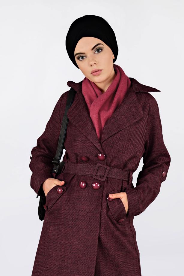 Vêtements hijab ROUGE BORDEAUX VESTE À CROISÉ AVEC CEINTURE 4636  - TRENDTESETTÜR