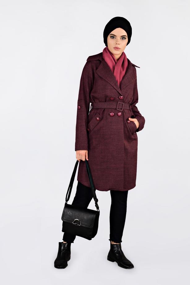 Vêtements hijab ROUGE BORDEAUX VESTE À CROISÉ AVEC CEINTURE 4636  - TRENDTESETTÜR