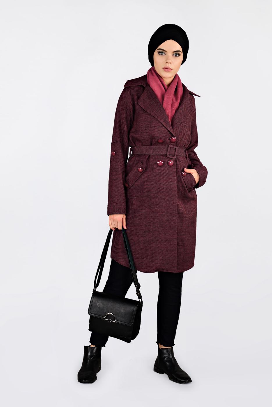 Tesettür giyim BORDO ALVİNA KEMERLİ KRUVAZE GİY ÇIK 4636 