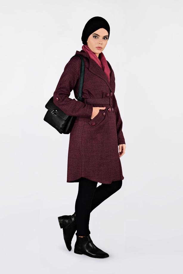 Vêtements hijab ROUGE BORDEAUX VESTE À CROISÉ AVEC CEINTURE 4636  - TRENDTESETTÜR