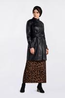 Tesettür giyim SİYAH KEMERLİ KOLLARI ÇITÇITLI DERİ CEKET 4799