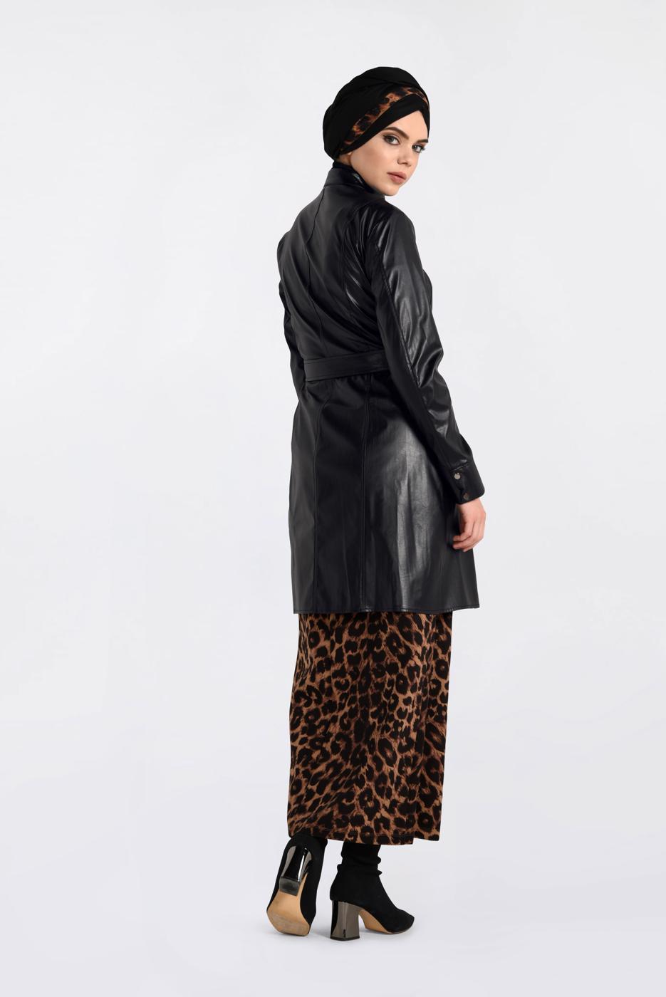 Tesettür giyim SİYAH KEMERLİ KOLLARI ÇITÇITLI DERİ CEKET 4799