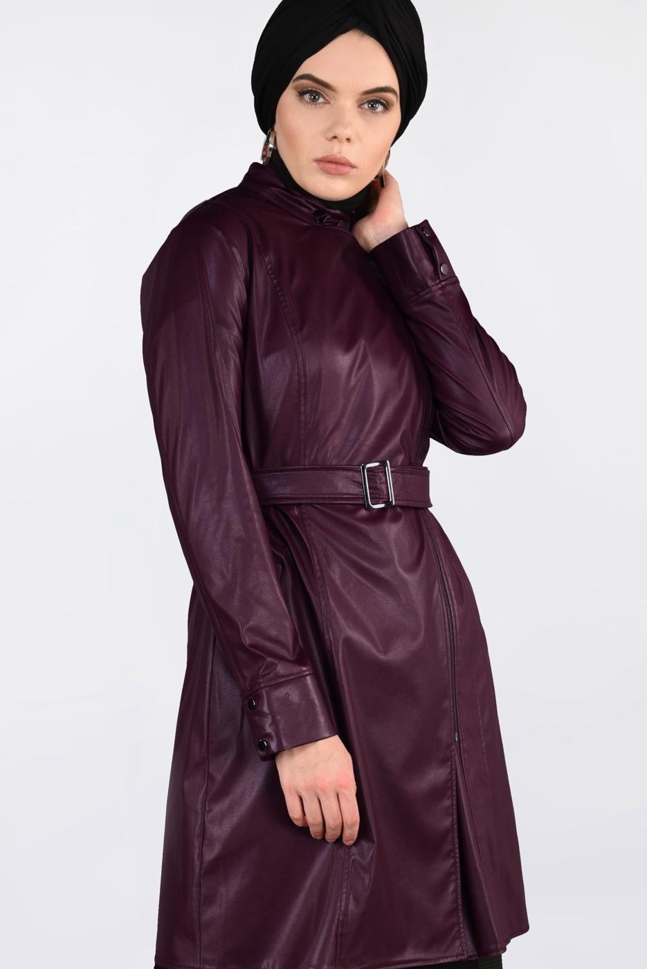 Tesettür giyim BORDO KEMERLİ KOLLARI ÇITÇITLI DERİ CEKET 4799