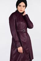 Tesettür giyim BORDO KEMERLİ KOLLARI ÇITÇITLI DERİ CEKET 4799