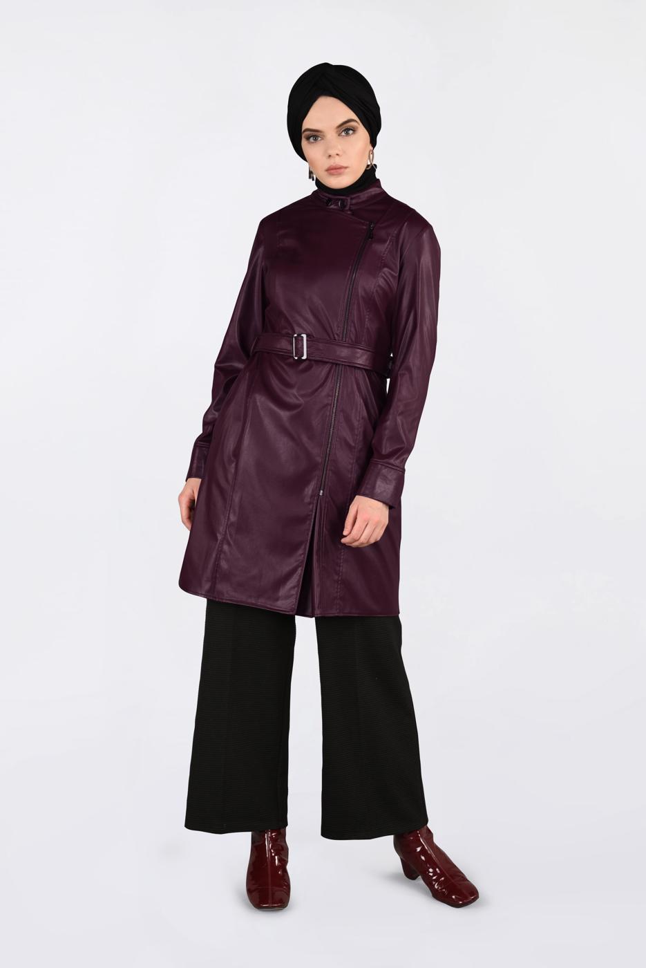 Tesettür giyim BORDO KEMERLİ KOLLARI ÇITÇITLI DERİ CEKET 4799