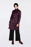 Tesettür giyim BORDO KEMERLİ KOLLARI ÇITÇITLI DERİ CEKET 4799