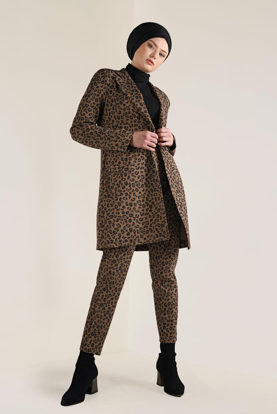 Tesettür giyim KAHVE LEOPAR DESENLİ CEKET 4811 