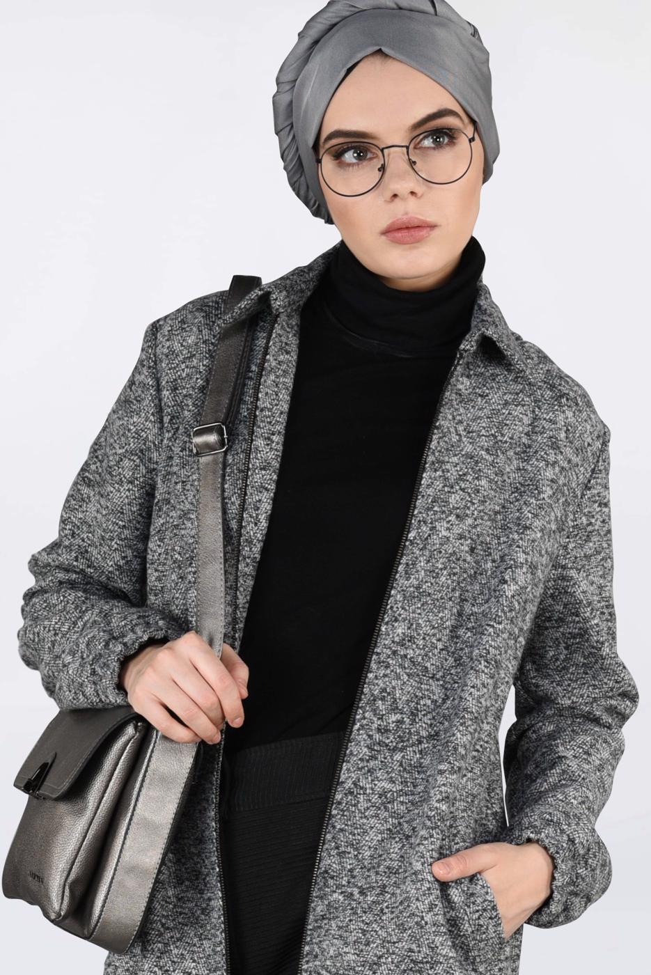 Tesettür giyim GRİ ETEK UCU LASTİKLİ BOYDAN FERMUARLI GİY ÇIK 4821