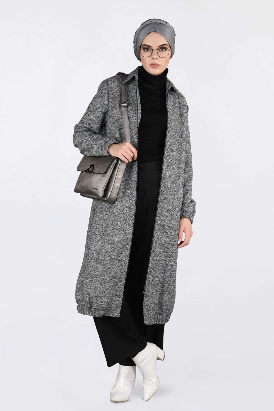Tesettür giyim GRİ ETEK UCU LASTİKLİ BOYDAN FERMUARLI GİY ÇIK 4821