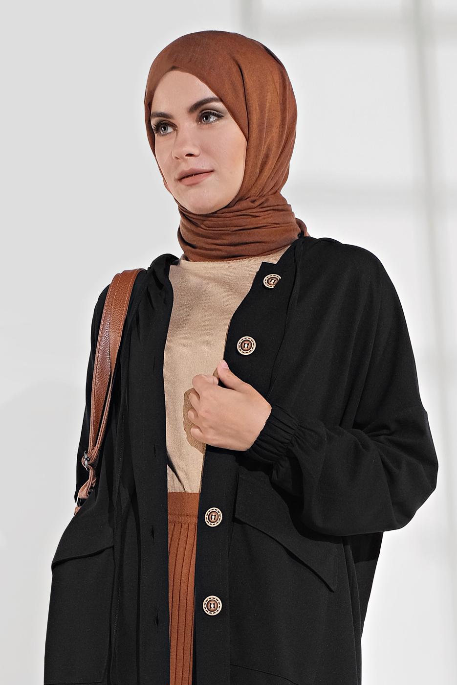 Tesettür giyim SİYAH DÜĞMELİ KAPÜŞONLU CEKET 6155