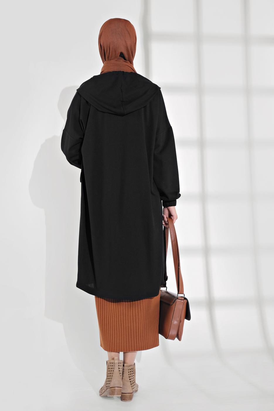 Tesettür giyim SİYAH DÜĞMELİ KAPÜŞONLU CEKET 6155