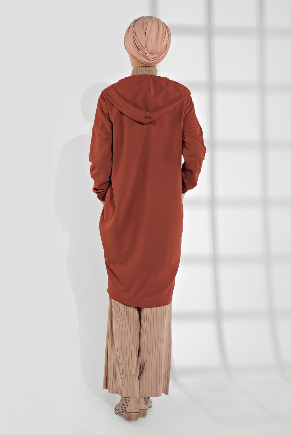 Tesettür giyim KAHVE DÜĞMELİ KAPÜŞONLU CEKET 6155