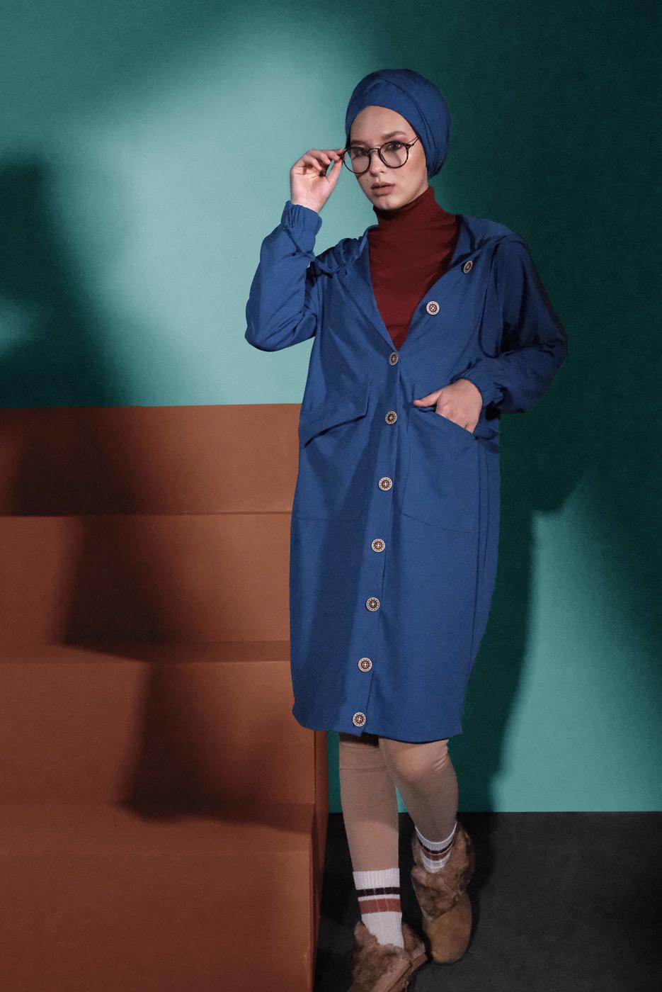 Tesettür giyim LACİVERT DÜĞMELİ KAPÜŞONLU CEKET 6155