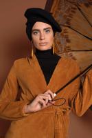 Tesettür giyim TURUNCU PAMUKLU BELDEN BAĞLAMALI FİTİLLİ KADİFE CEKET 7405