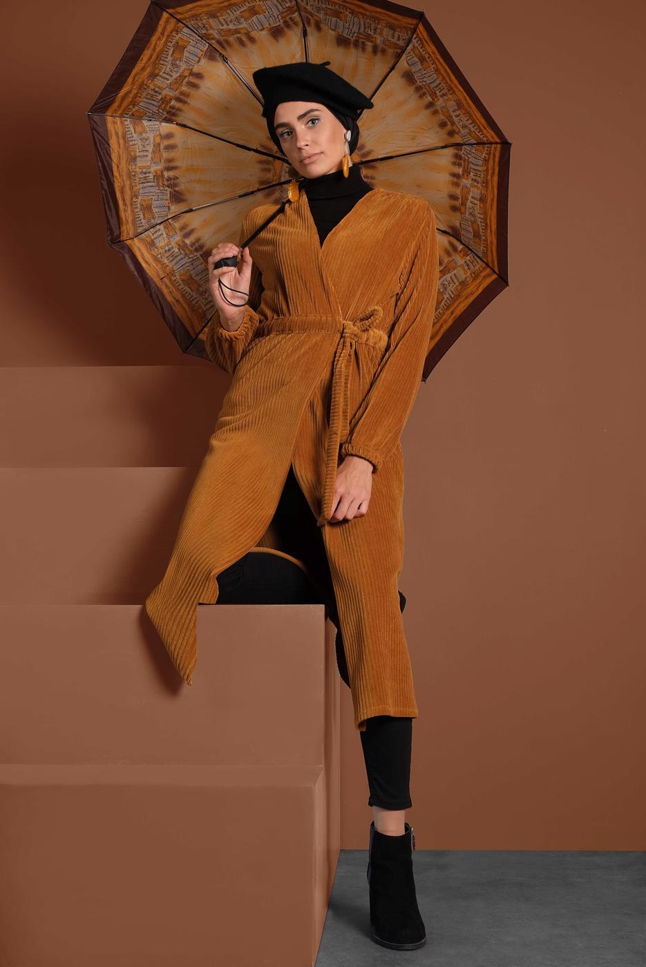 Tesettür giyim TURUNCU PAMUKLU BELDEN BAĞLAMALI FİTİLLİ KADİFE CEKET 7405