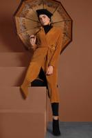 Tesettür giyim TURUNCU PAMUKLU BELDEN BAĞLAMALI FİTİLLİ KADİFE CEKET 7405