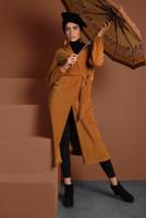 Tesettür giyim TURUNCU PAMUKLU BELDEN BAĞLAMALI FİTİLLİ KADİFE CEKET 7405