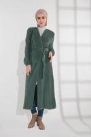 Tesettür giyim YEŞİL PAMUKLU BELDEN BAĞLAMALI FİTİLLİ KADİFE CEKET 7405