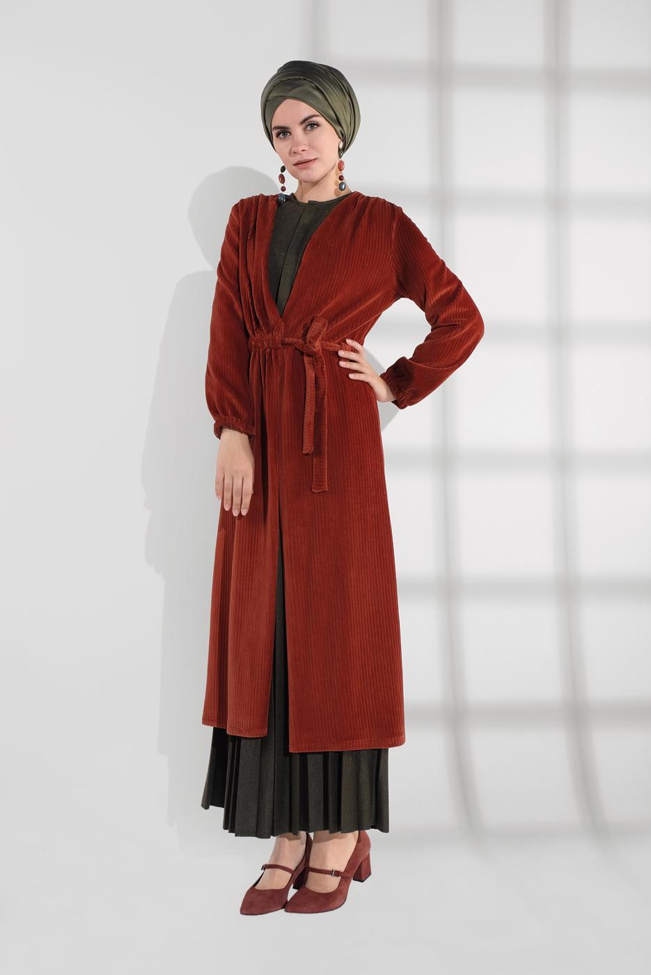 Vêtements hijab BRUN VESTE EN VELOURS À TAILLE-NOUÉE 7405 