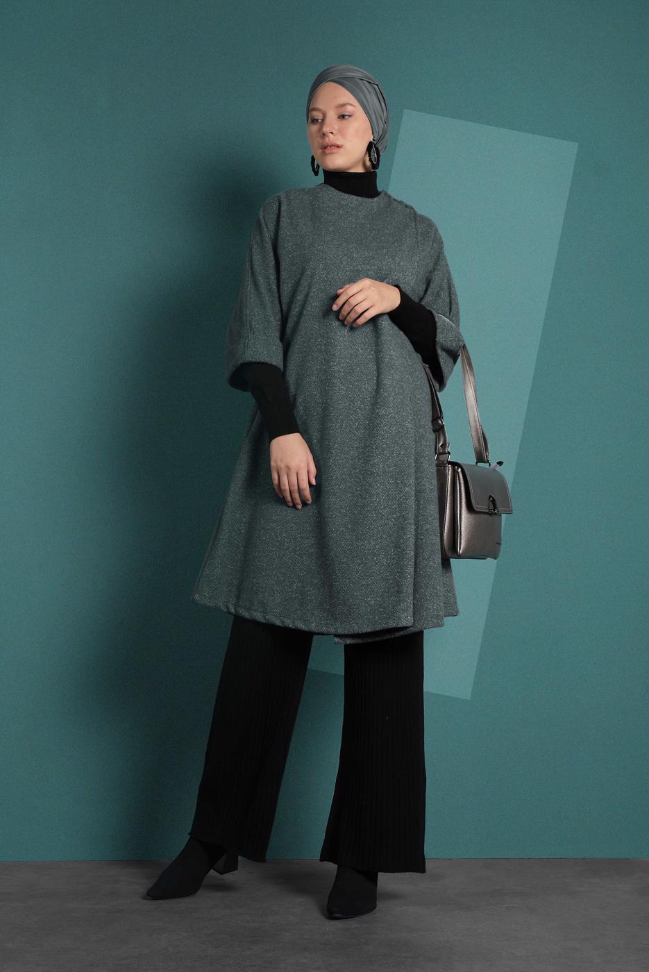 Tesettür giyim GRİ ÇITÇITLI  KAŞE PANÇO 7919 