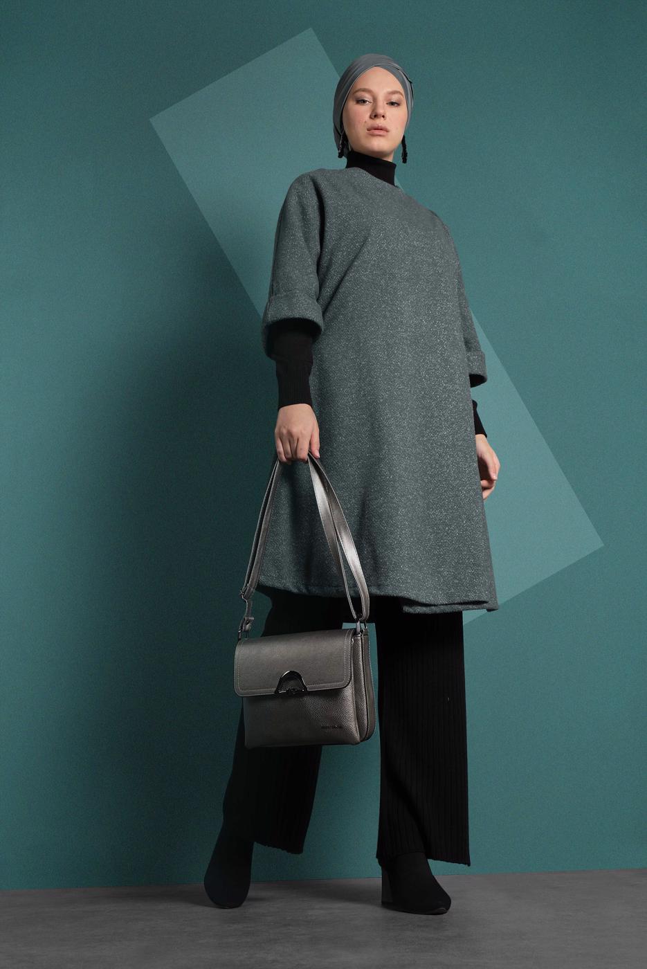 Tesettür giyim GRİ ÇITÇITLI  KAŞE PANÇO 7919 