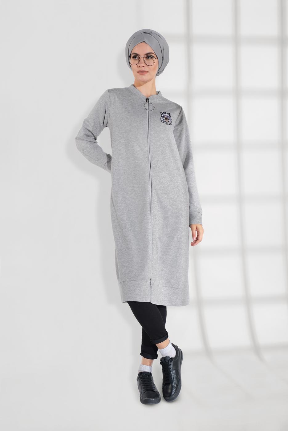 Tesettür giyim GRİ ARMA DETAYLI FERMUARLI PENYE CEKET 8155 