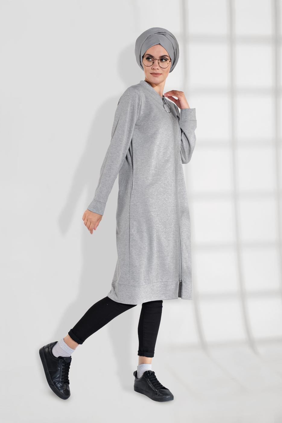 Tesettür giyim GRİ ARMA DETAYLI FERMUARLI PENYE CEKET 8155 