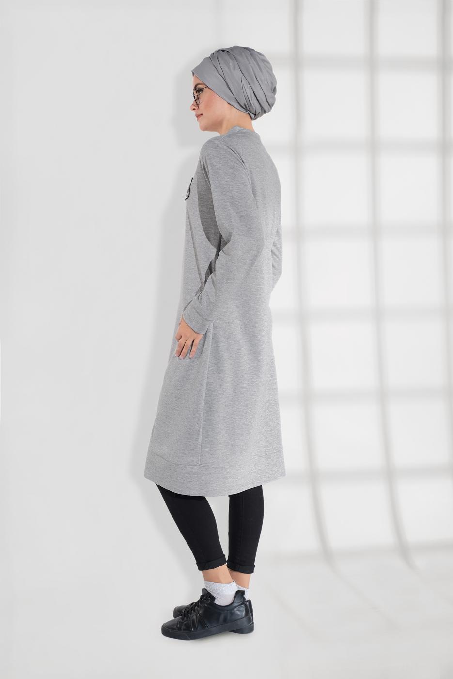 Tesettür giyim GRİ ARMA DETAYLI FERMUARLI PENYE CEKET 8155 