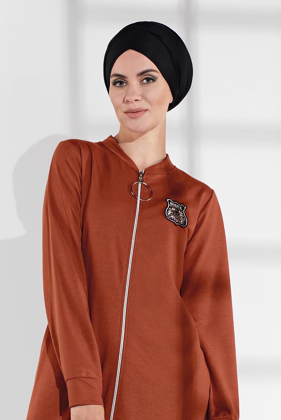 Hijab clothing BROWN ZIPPED COMBED COTTON JACKET  8155