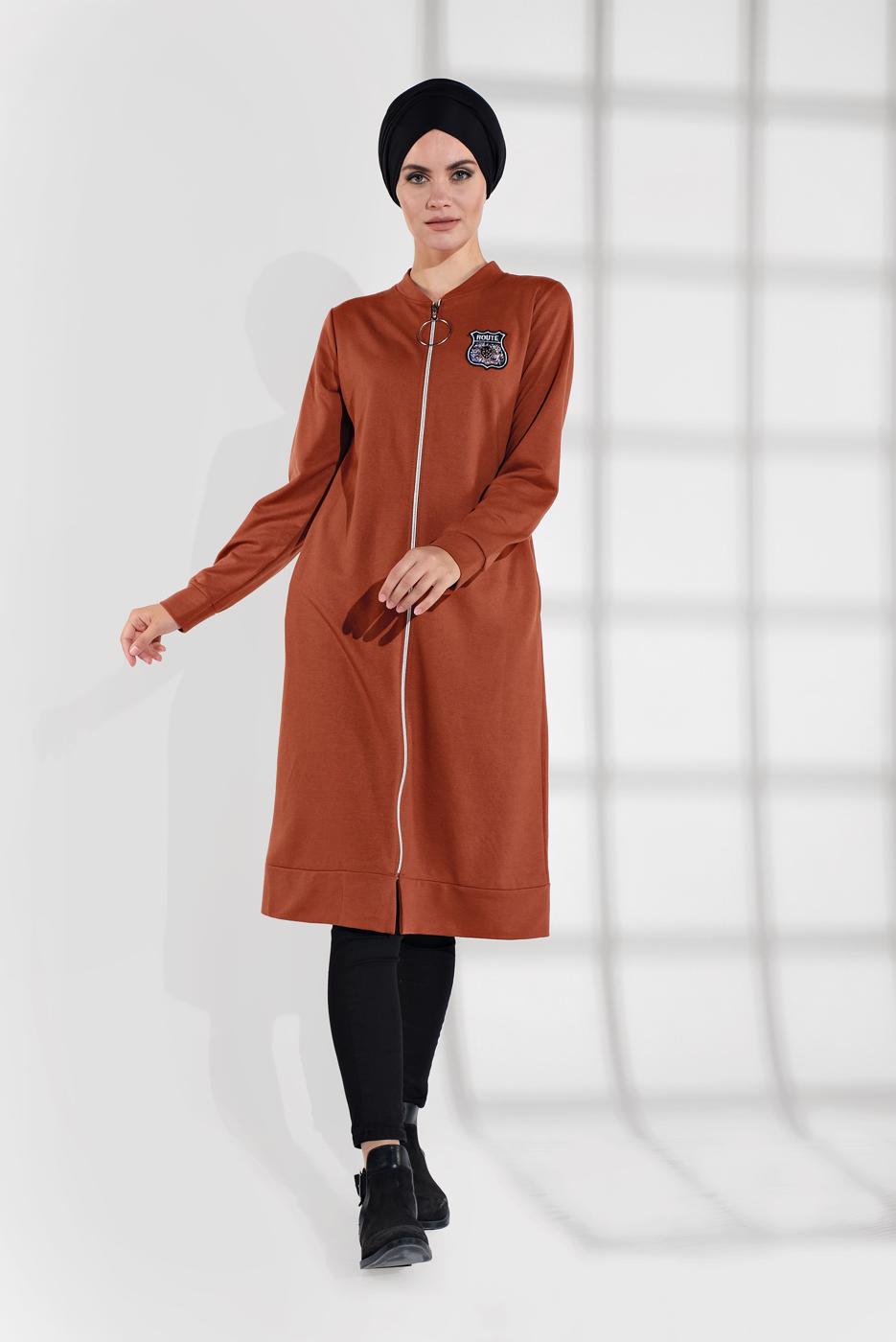 Hijab clothing BROWN ZIPPED COMBED COTTON JACKET  8155