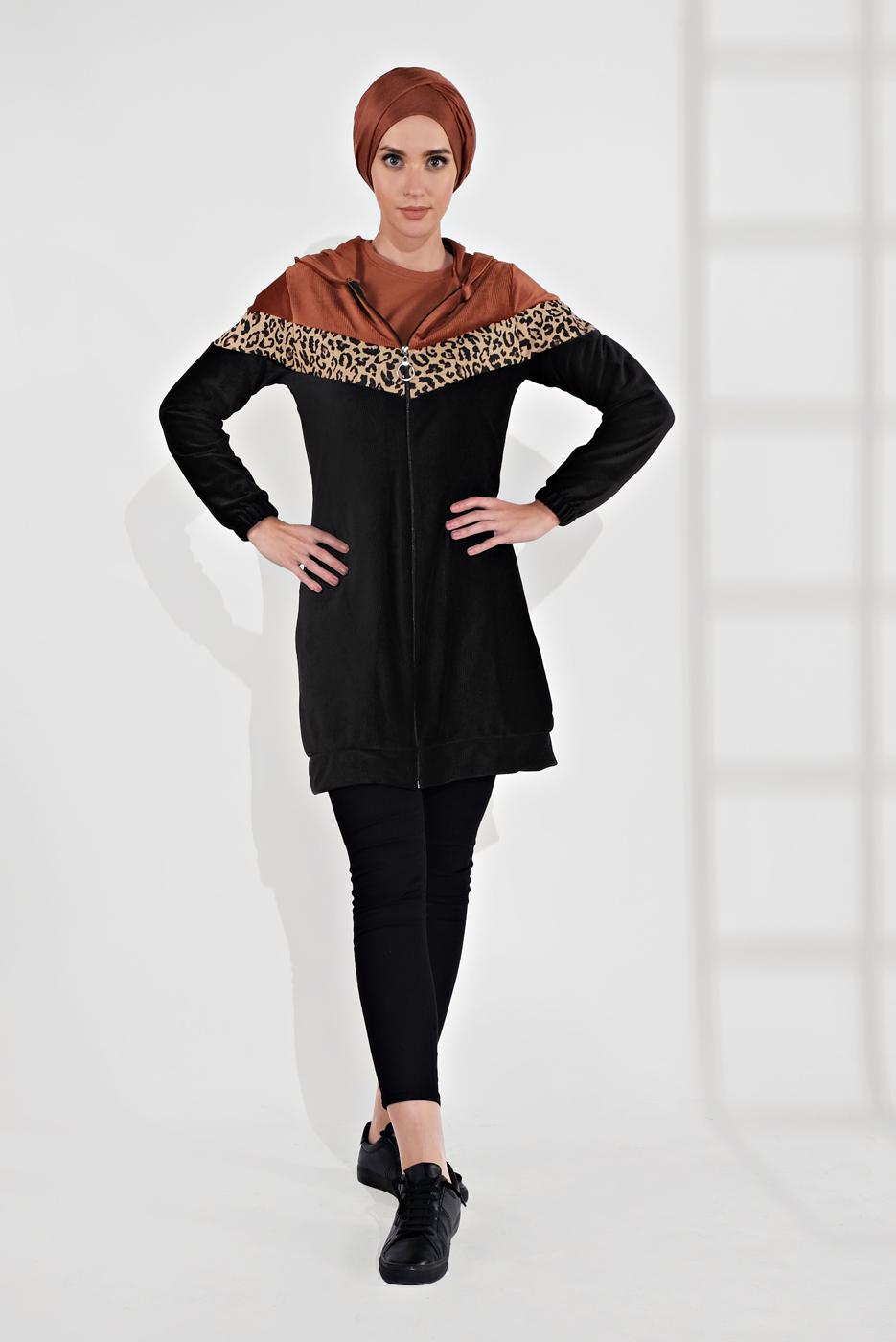 Tesettür giyim SİYAH KADİFE KAPÜŞONLU LEOPAR CEKET  8855 