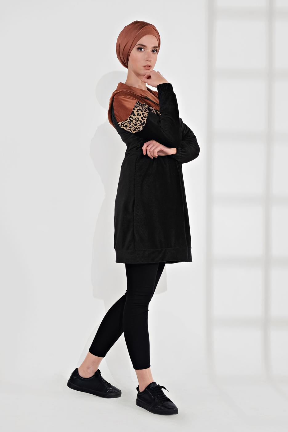Tesettür giyim SİYAH KADİFE KAPÜŞONLU LEOPAR CEKET  8855 