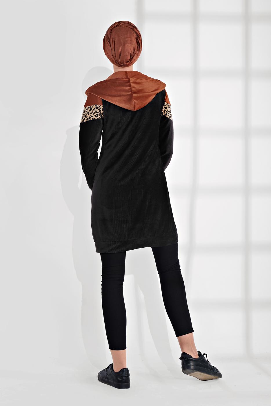 Tesettür giyim SİYAH KADİFE KAPÜŞONLU LEOPAR CEKET  8855 