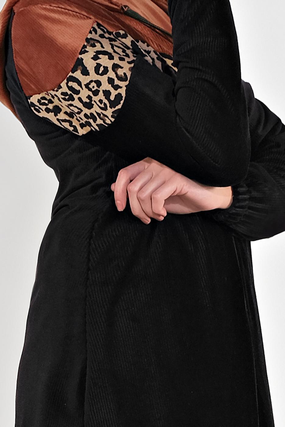 Tesettür giyim SİYAH KADİFE KAPÜŞONLU LEOPAR CEKET  8855 
