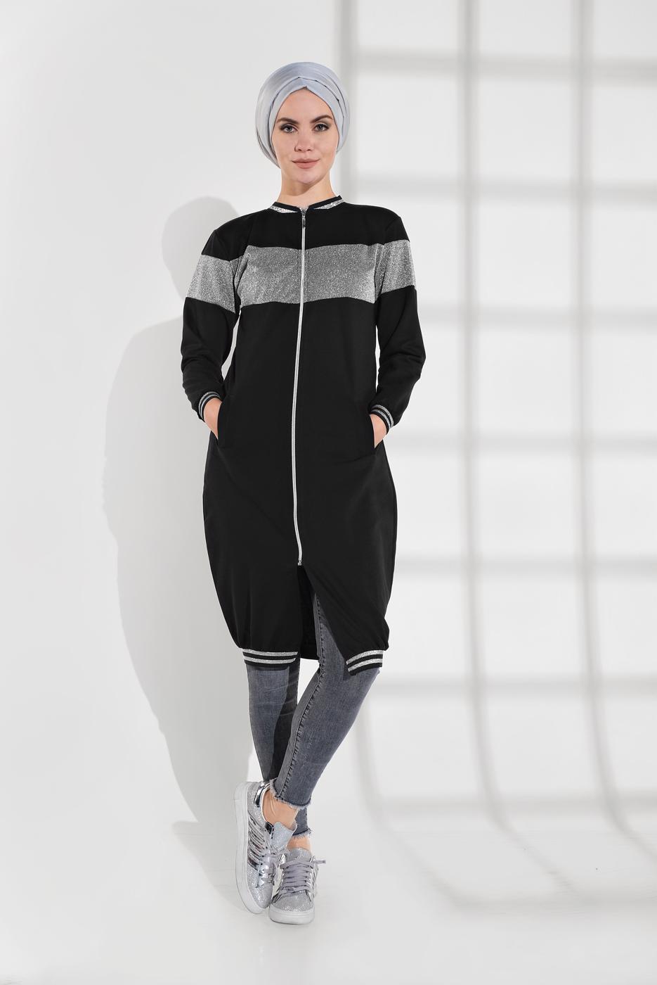 Tesettür giyim SİYAH SİMLİ FERMUARLI CEKET 9202