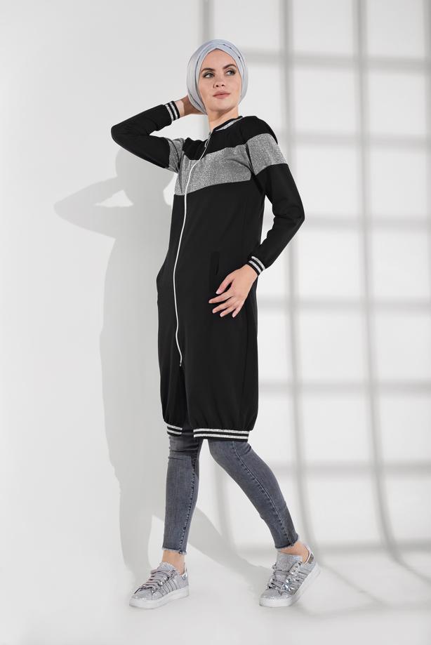 Hijab clothing BLACK SPARKLY ZIPPED JACKET 9202  - TRENDTESETTÜR