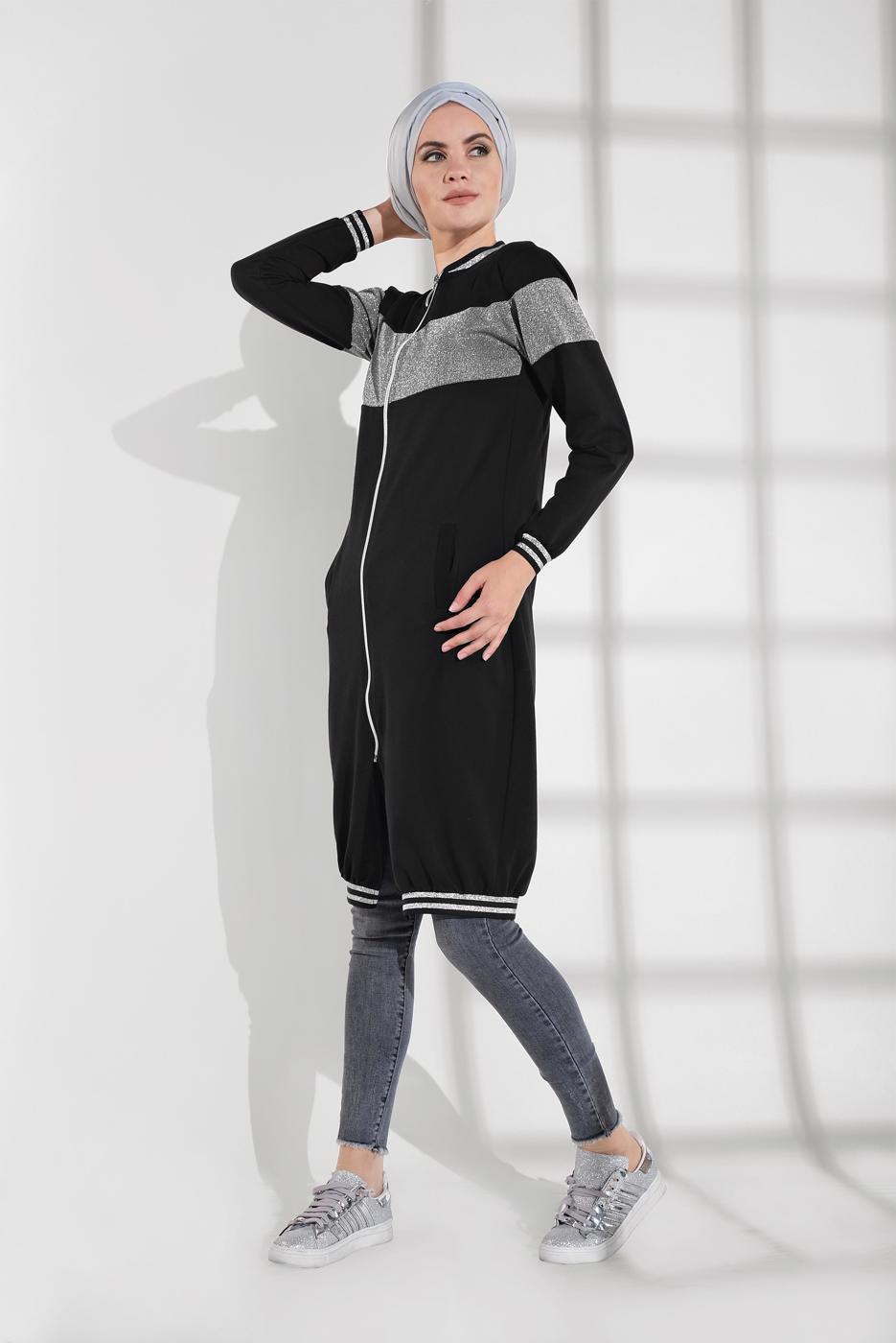 Tesettür giyim SİYAH SİMLİ FERMUARLI CEKET 9202