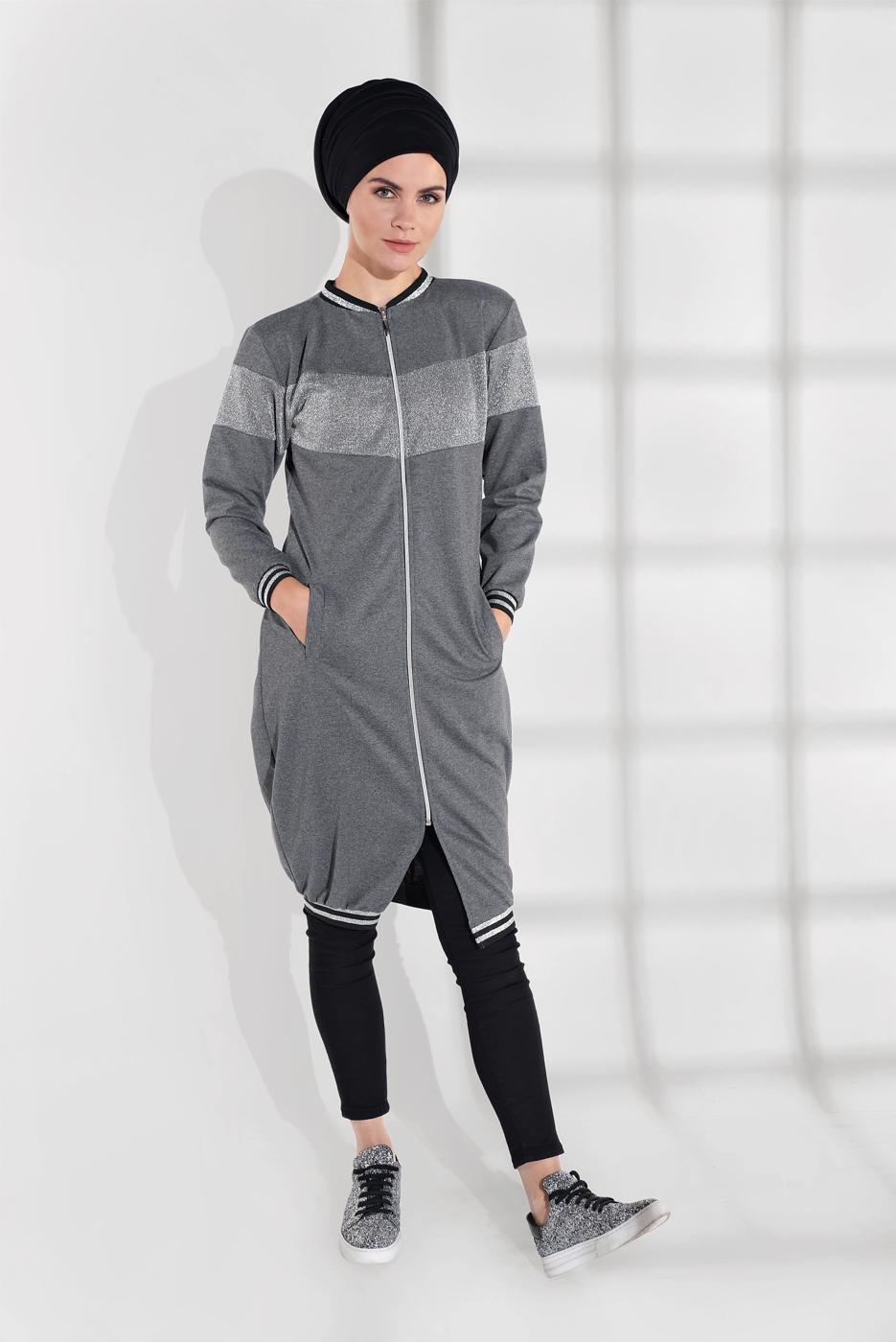 Vêtements hijab GRIS VESTE EN BRILLANTE À ZIPPÉ 9202 