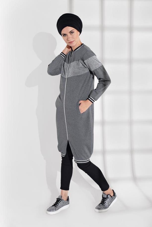 Hijab clothing GREY SPARKLY ZIPPED JACKET 9202  - TRENDTESETTÜR