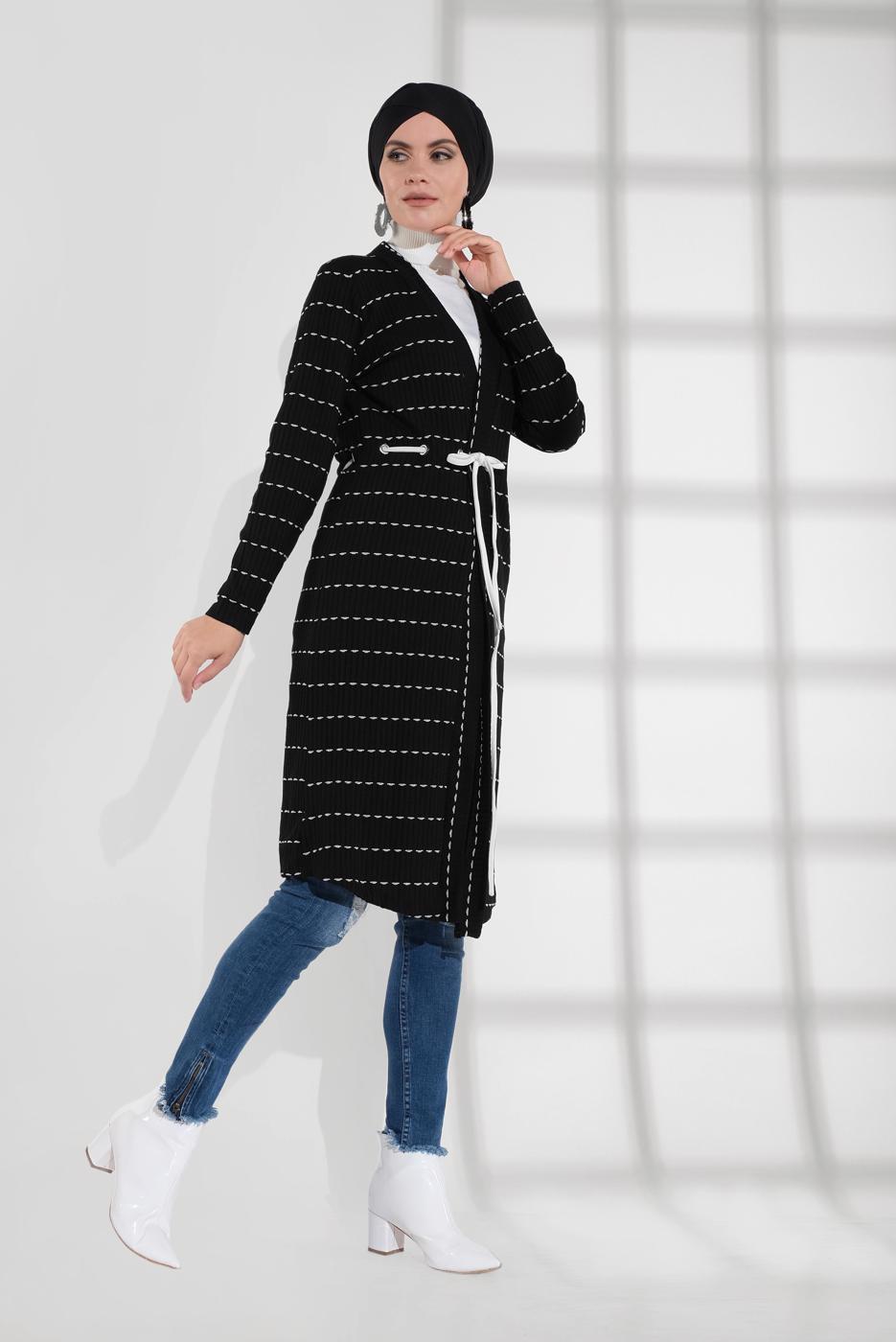 Tesettür giyim SİYAH BELİ BAĞCIKLI TRİKO CEKET 9355